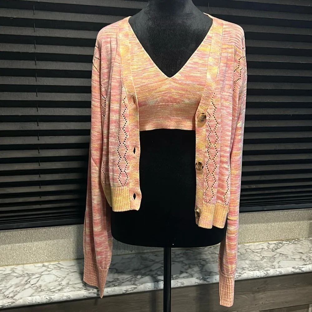 Callahan Knitwear Cropped LS Cardigan Bralette‎ Pink & Orange Set Large  NWT